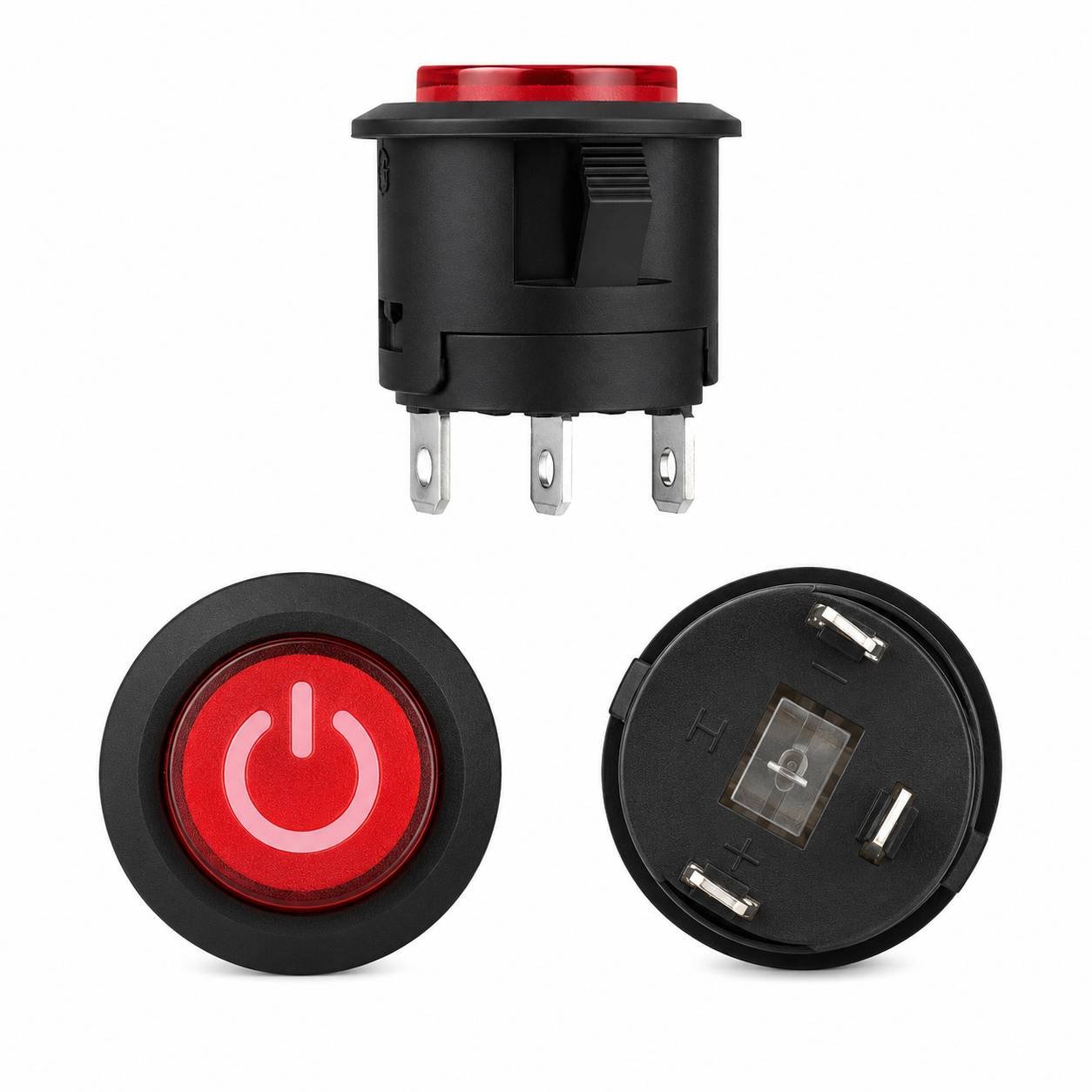 BulkyBaba Round Red Illuminated LED Power Push Button Switch with Power Symbol – 3-Pin Snap-In Panel Mount (Pack of 5 Pcs)